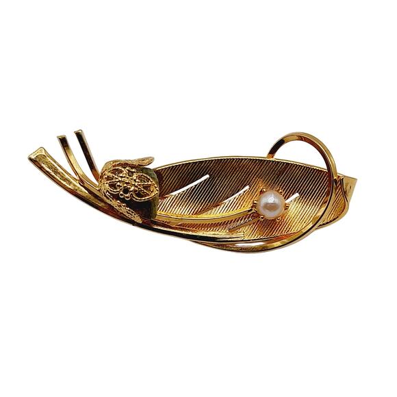 Vintage Floral Jade Pearl Gold Tone Brooch - 1970s - 2 Inches - Picture 2 of 7